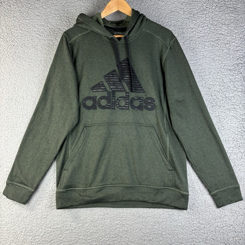 Adidas Climate Hoodie Size L Army Green Men's embroidered big logo Fleece